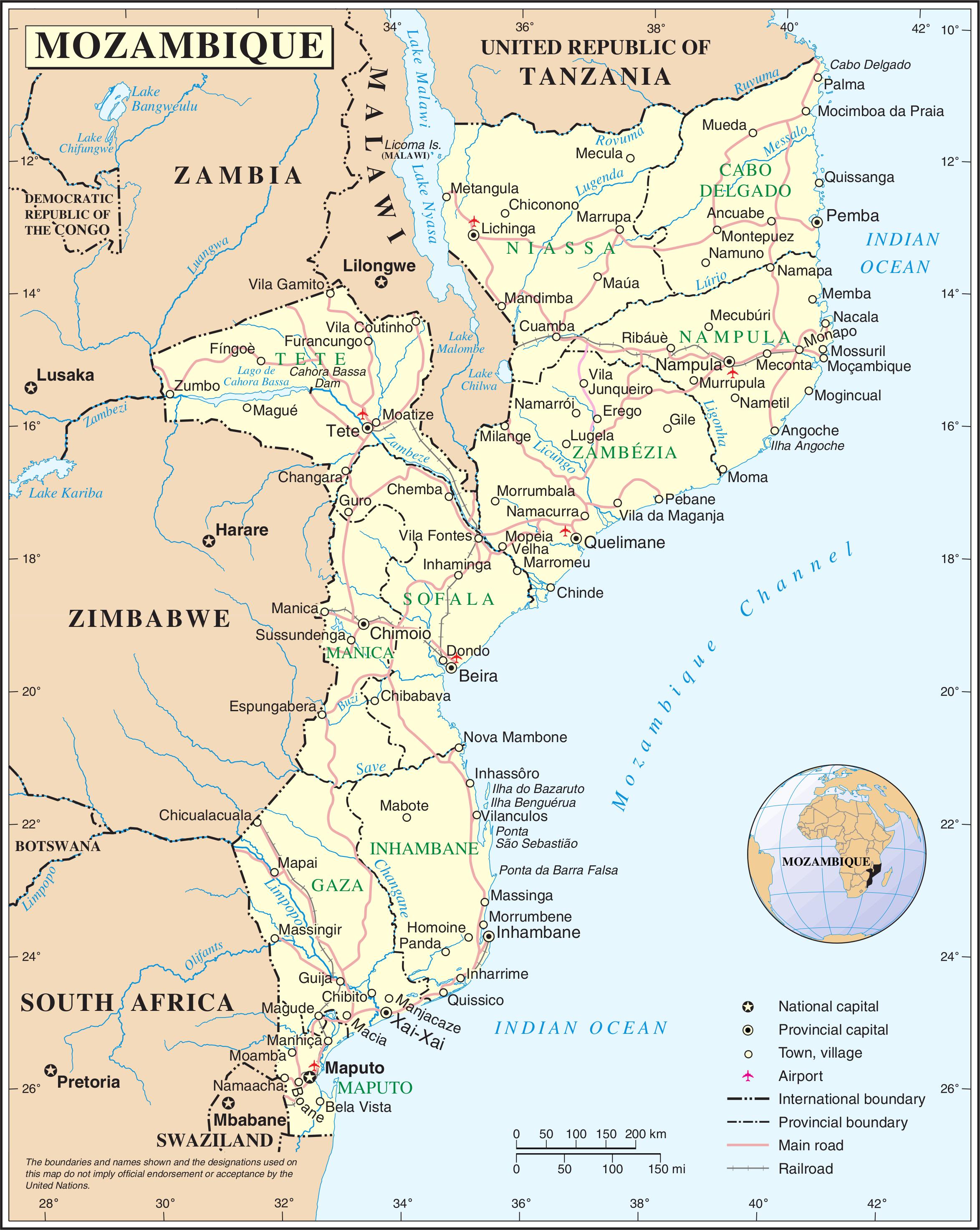 Mosambikin lentokentät kartalla - Lentokentät, Mosambikissa kartalla (Itä -  Afrikka ja afrikan)